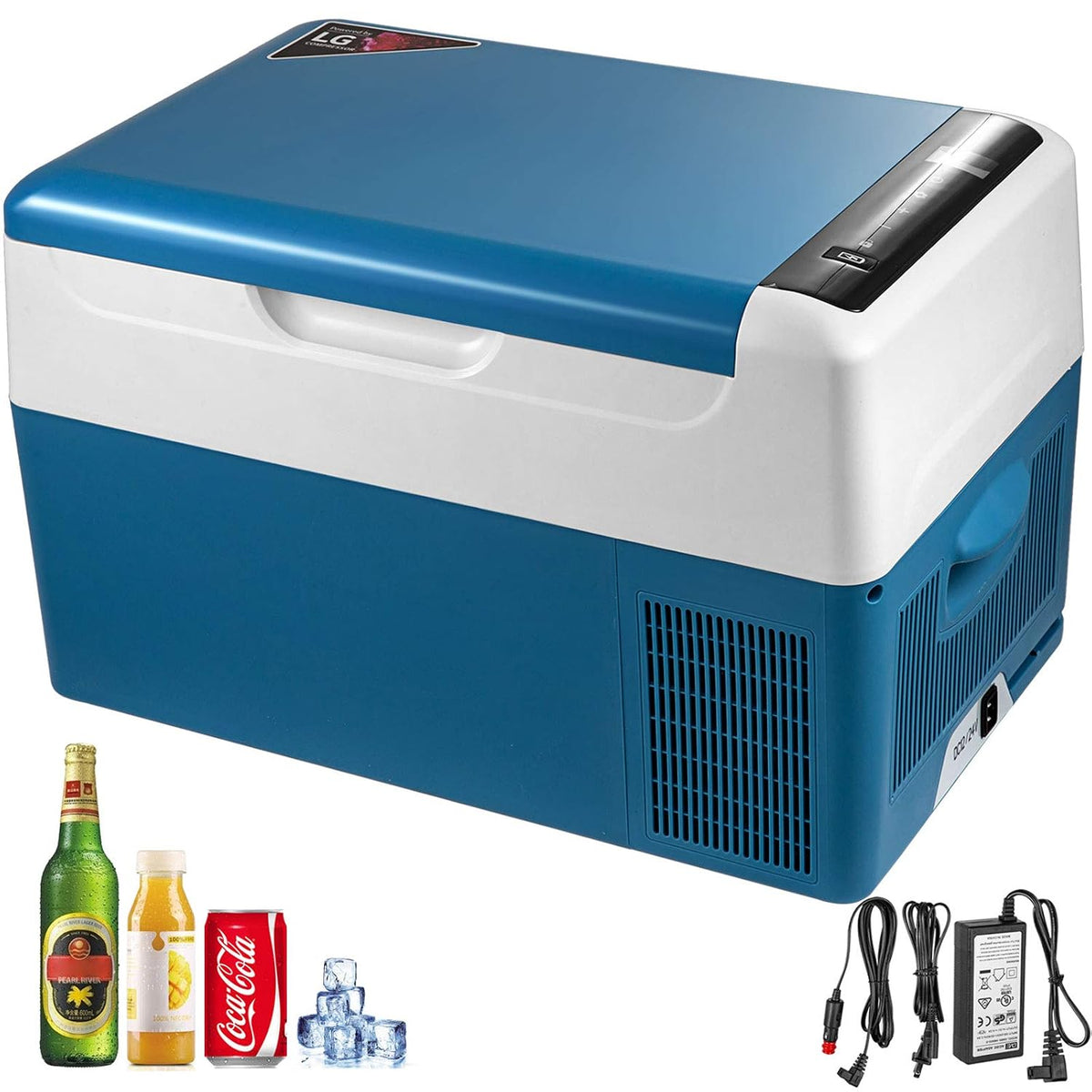 VEVOR Minilodówka, mała lodówka, 22 l, 326 x 244 mm – 12 V, Niebieski/Biały, stal nierdzewna, oświetlenie LED – USB, kompresor, funkcja grilla