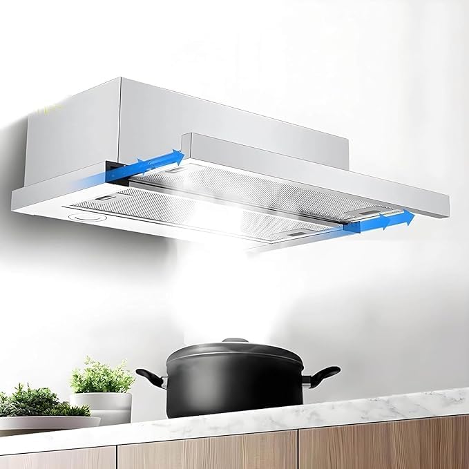 YXYLJOZ Okap kuchenny, 70 cm, 52 dB – 220 V, Srebrny, stal nierdzewna, oświetlenie LED – Okap próżniowy, tłumik