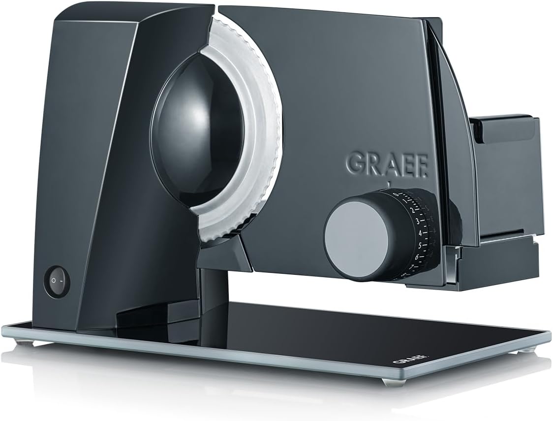 Krajalnica GRAEF, S12002, 20 mm – 170 W, Srebrny, stal nierdzewna, Bezpieczeństwo S12002 – czarny SLICER, regulowany krój 0- 20 mm, płyta szklana