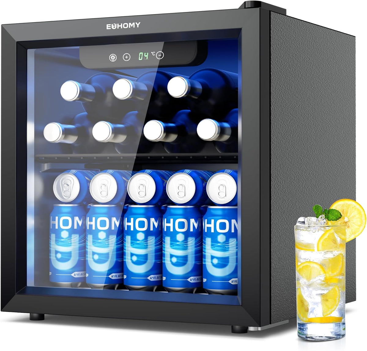 Chłodziarka do wina EUHOMY – 36 l, 43 dB, Czarny, oświetlenie LED – chłodziarka do napojów, Piwnica elektryczna, szkło, stojący samotnie – cichy