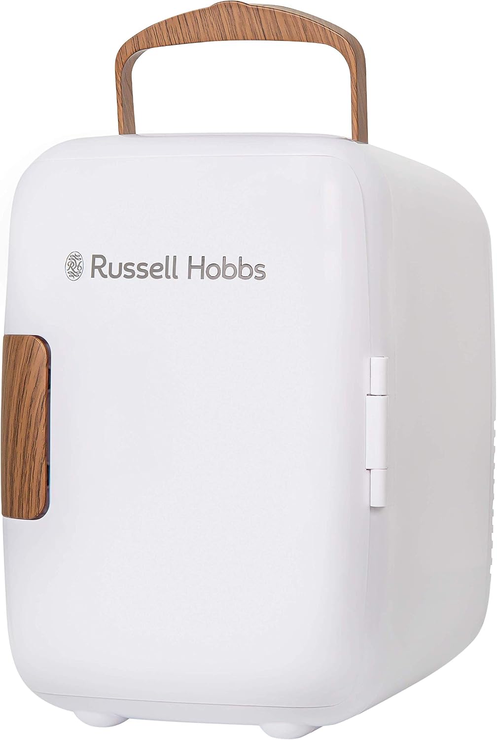 Minilodówka Russell Hobbs – mała lodówka, RH4CLR1001SCW, 25,2 x 18 x 24 cm, 4 litry – 2 kg, Biały, Przenośne, Funkcja grzewcza – Drewno, Do napojów