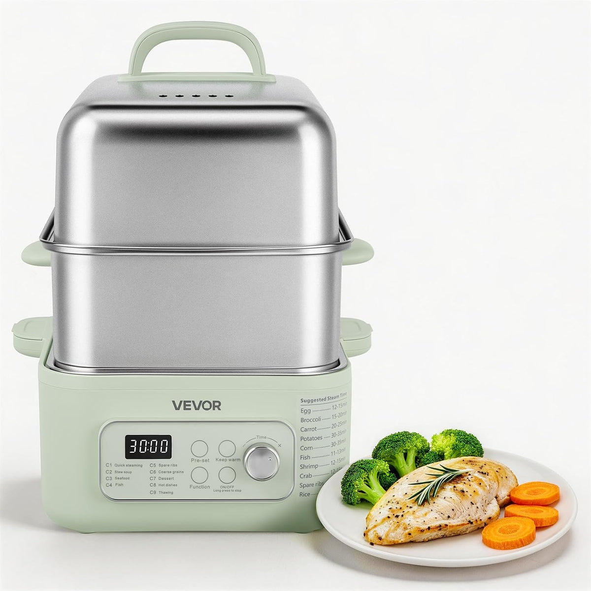 VEVOR Kuchenki parowe, 13 l – 1500 W, 358x295x369 mm, Srebrny / Zielony, stal nierdzewna – kuchenka, 9 programów, podgrzewanie, 2 poziomów