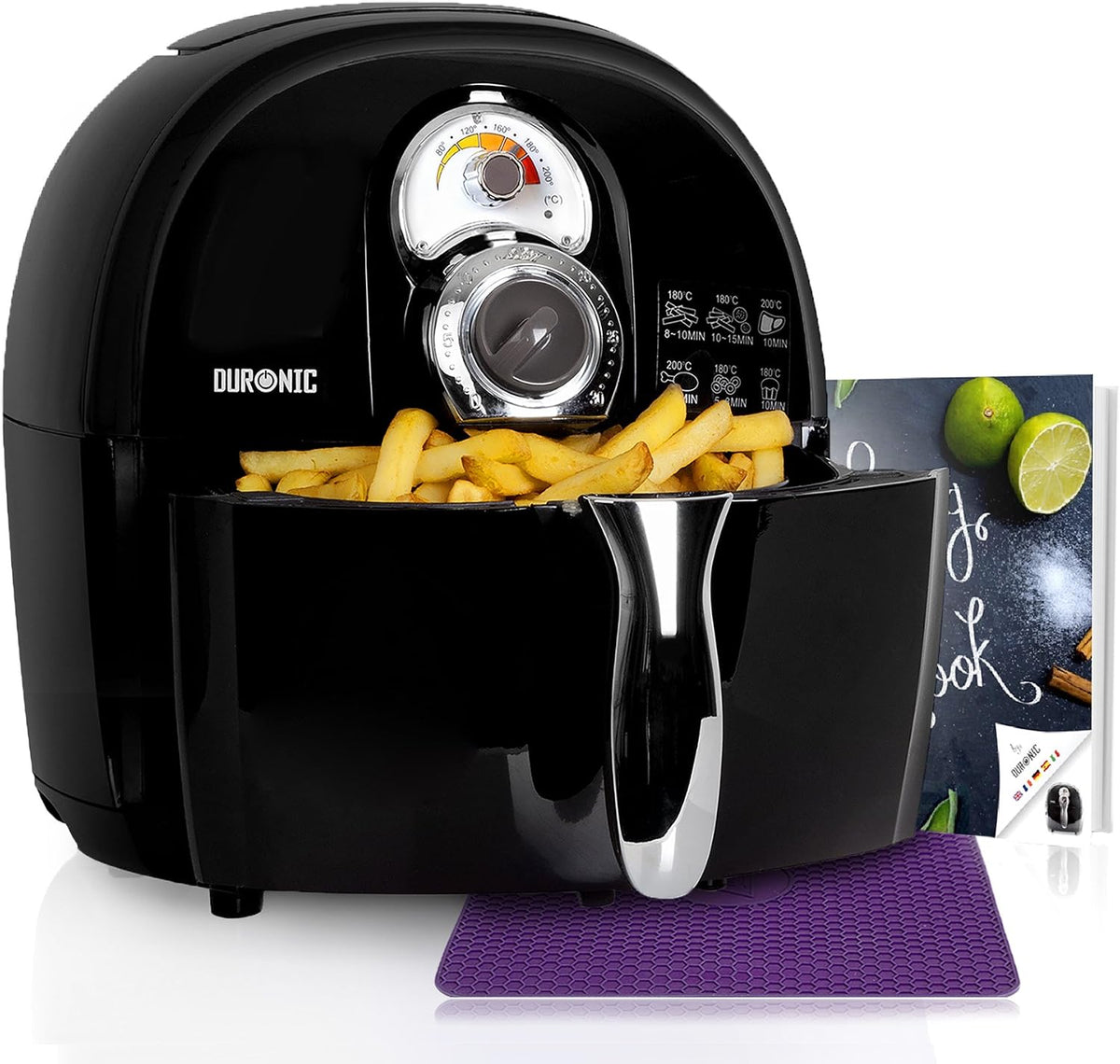 Duronic Frytkownica, AF1, 1500 W – 2.2 L, Czarny, timer, funkcja grilla – AF1 BK na gorące powietrze, bezolejowa, robot multicooker, do smażenia