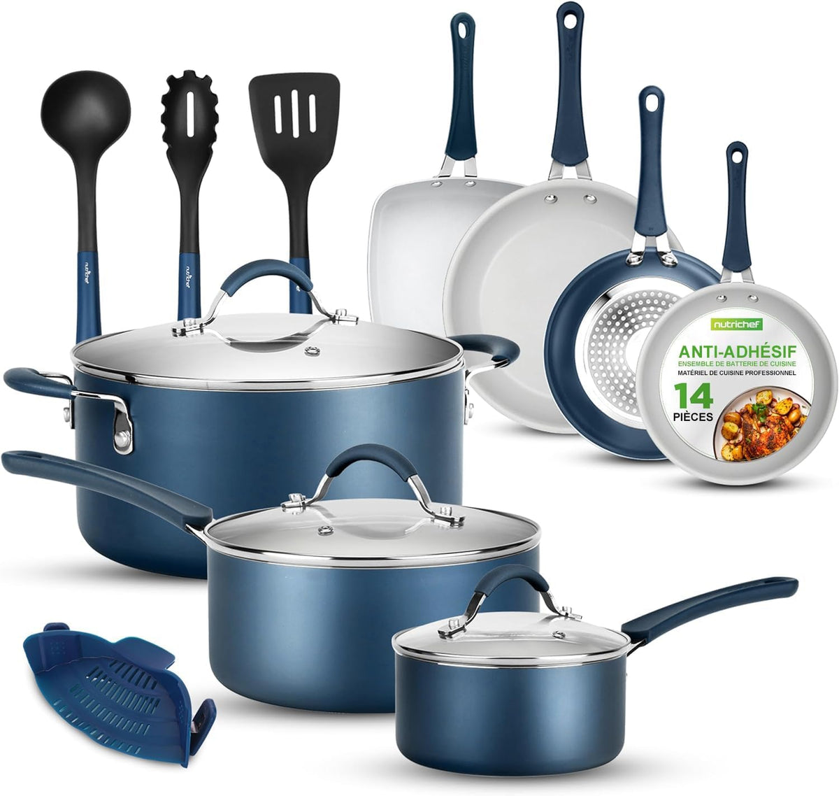Zestaw garnków i patelni NutriChef, 30 cm, Niebieski, aluminium – Piec elektryczny, Kuchnia Bateria 14 Części Non- stick Induction niebieski