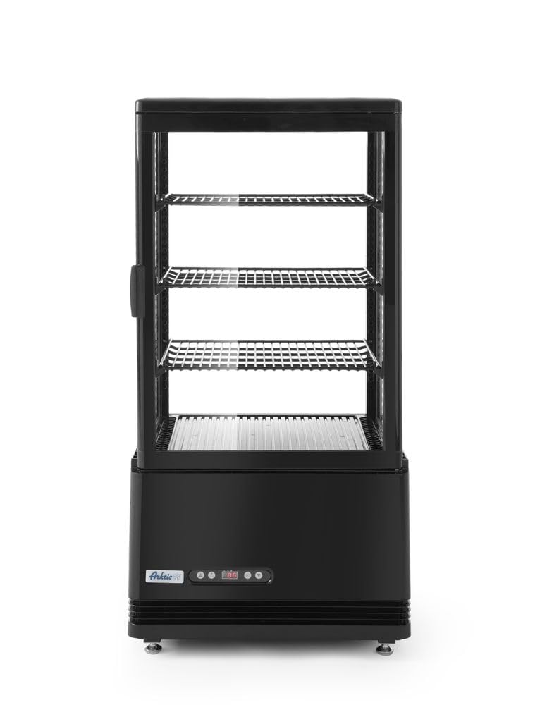 Witryny chłodnicze HENDI, 68 l, 230 V, 170 W – Czarny, oświetlenie LED, wyświetlacz chłodniczy, system przeciwmgielny – 3 półki, 452x406x
