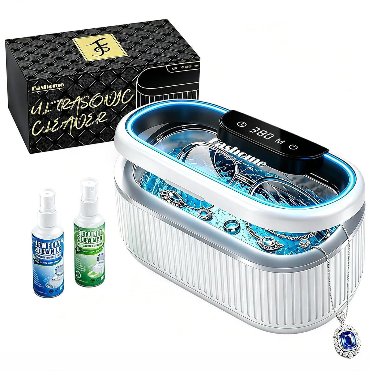 Fashome Czyszczenie i konserwacja – 100 ml, Srebrny, stal nierdzewna, 45KHz ultradźwiękowy zbiornik do czyszczenia – Czyściciel, 550 ml, 3 tryby