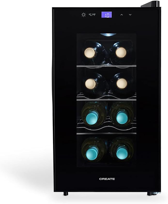Chłodziarka do wina CREATE – 23 l, Czarny, oświetlenie LED, Winiarnia elektryczna – 8 butelek, Regulacja temperatury między 11oC a 18oC