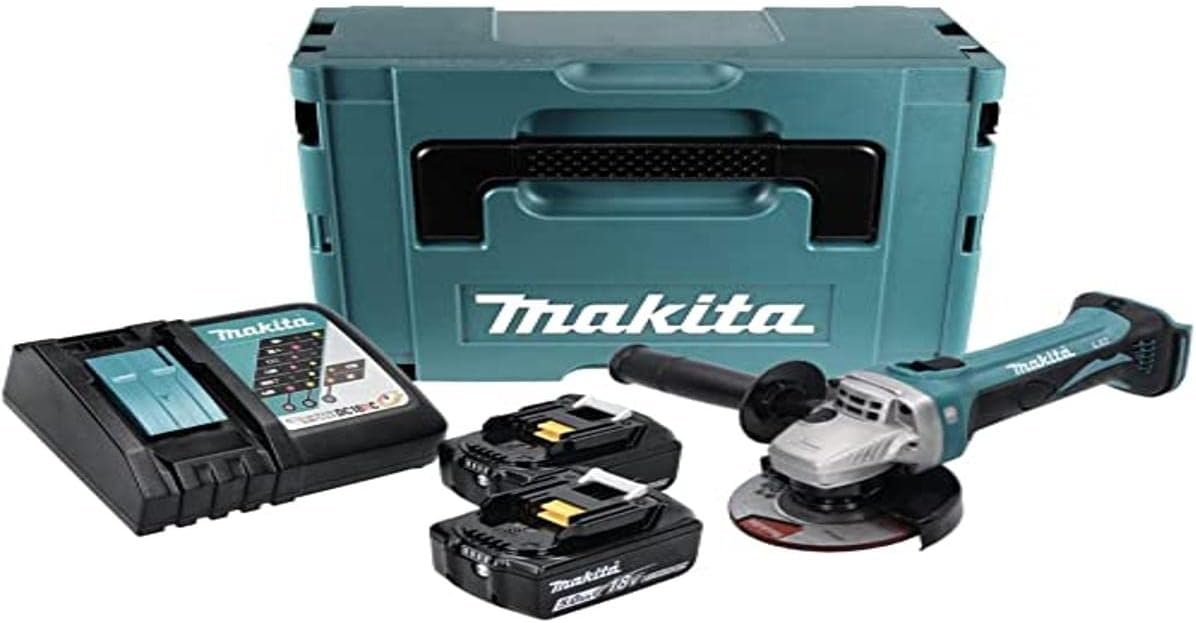 Makita Szlifierki kątowe, 18 V, 115 mm, 5,0 Ah – Niebieski/Czarny/Srebrny, oświetlenie LED