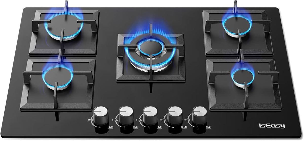 IsEasy Płyta grzewcza, 77 × 51 × 5.5 cm – 3.3 kW, 240 V, Czarny, Płyta gazowa – 5 palników, do zabudowy, odlewane żelazko, czarne