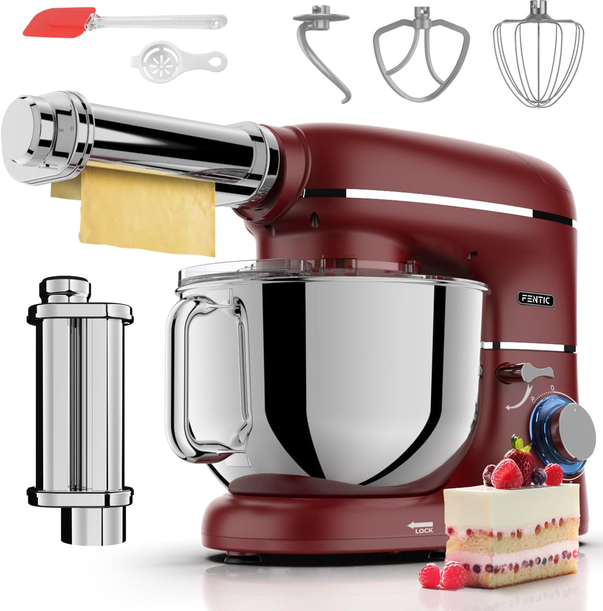 Robot kuchenny Fentic, 2000 W – 6,2 l, 75 dB, Czerwony/Srebrny, oświetlenie LED – Planetarna mikser z maszyną do makaronu - 2000 W