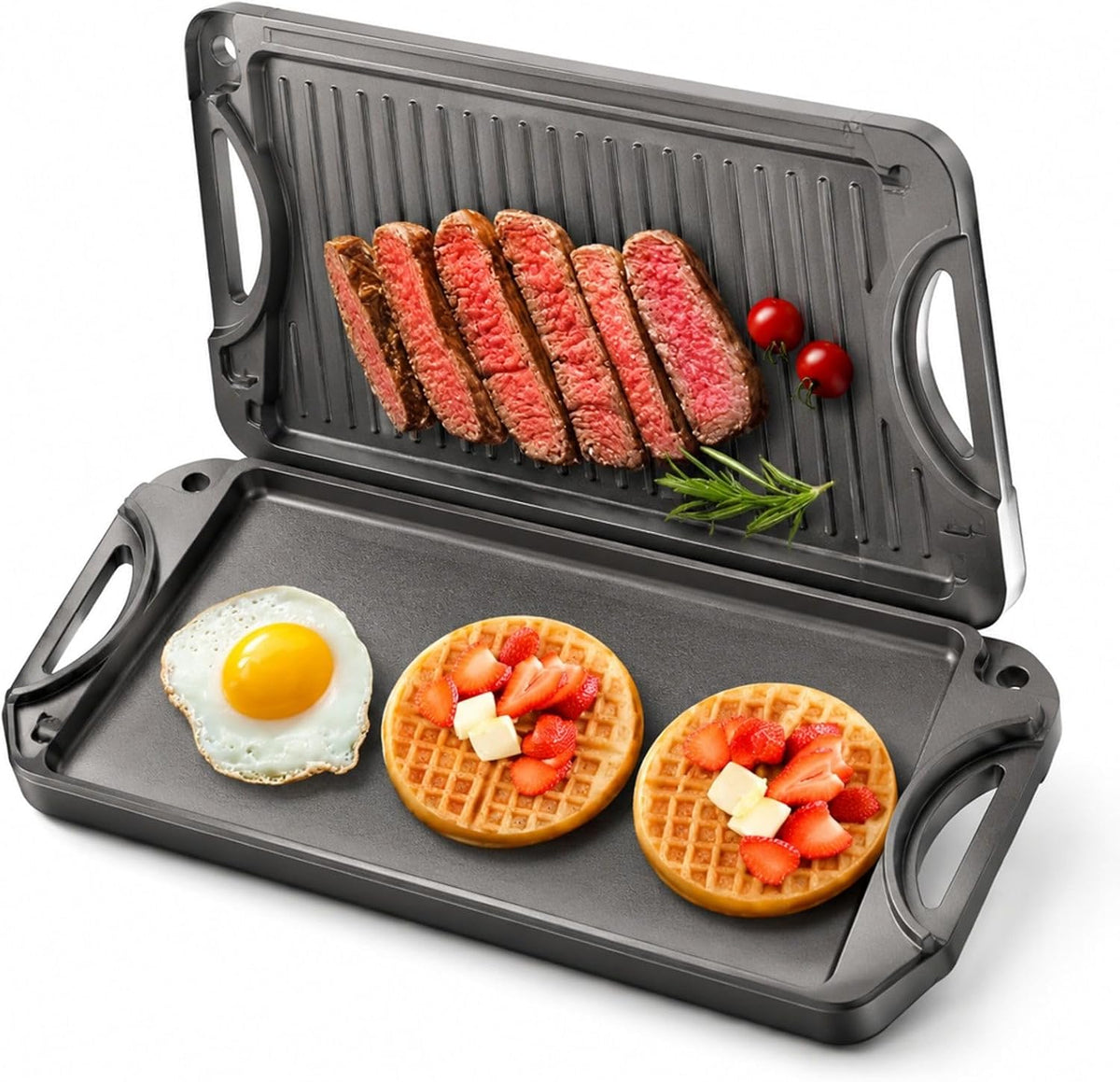 Grill – 492 x 218 mm, Szary, Piekarnik z piekarnikiem, przenośny do a – kemping, odlewane żelazko, odwracalny czarny odlew żelaza plancha płyta