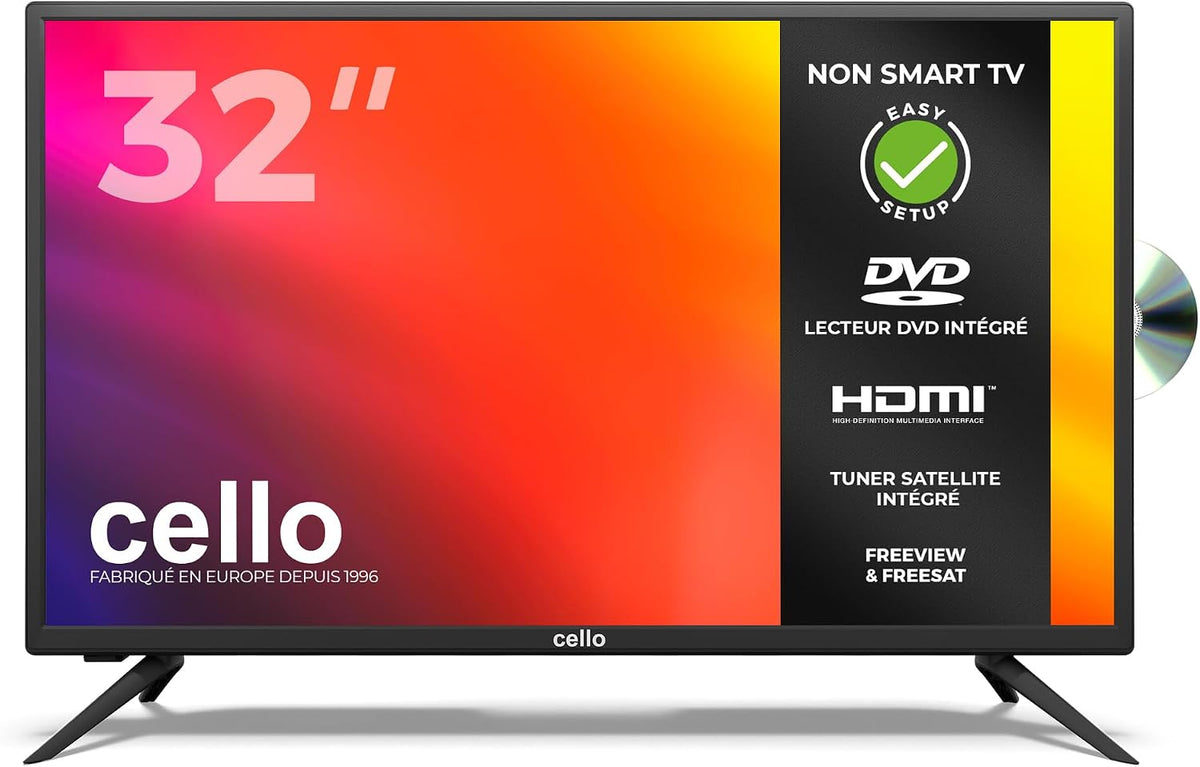 Telewizor Smart TV Cello, DVB-T2/S2/C – 32 cali, Czarny, oświetlenie LED, USB – telewizor, Smart TV, 3 HDMI, potrójny tuner DVB- T2 – Non Smart