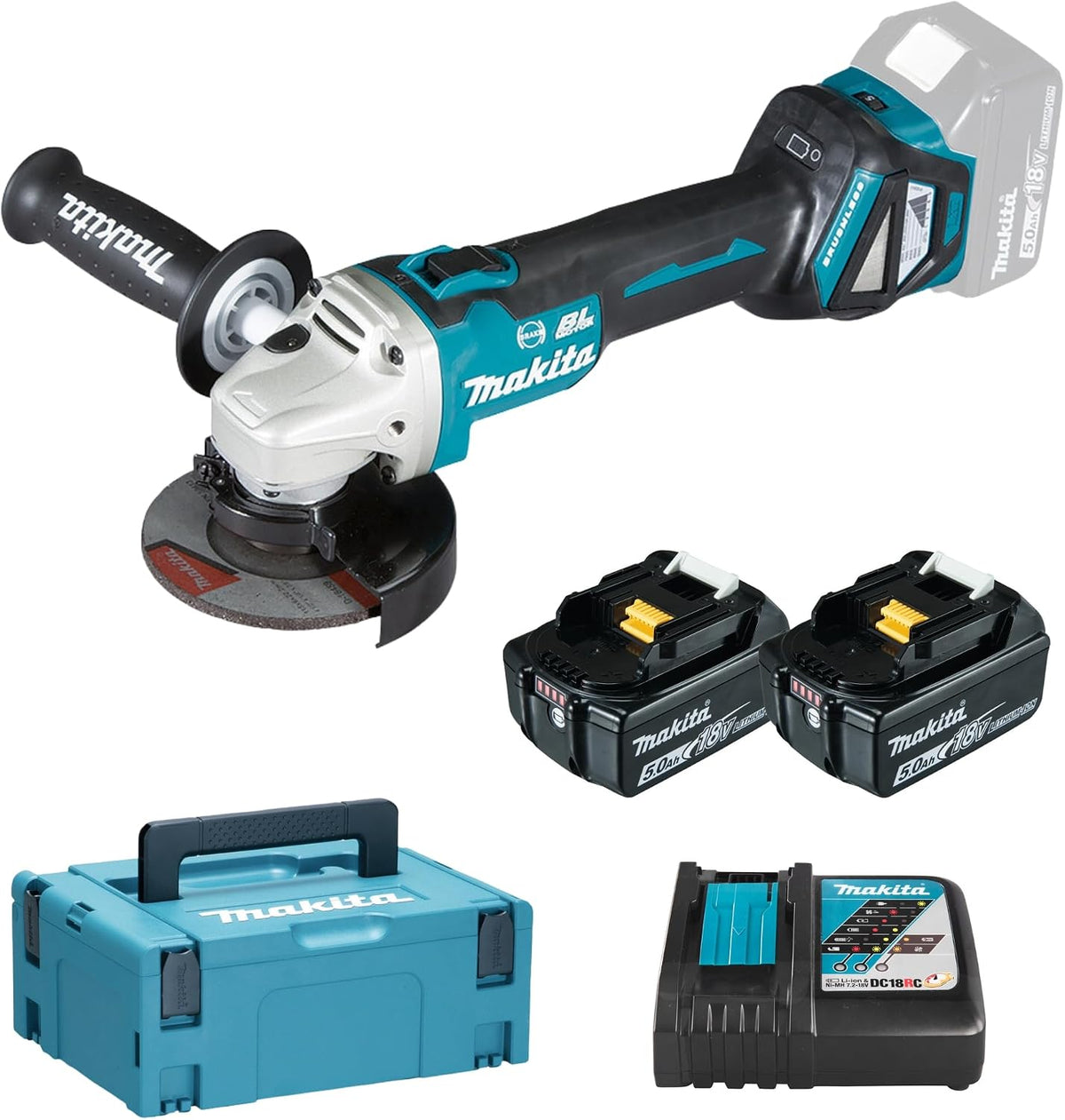 Makita Szlifierki kątowe, 18 V, 5,0 Ah, 3,0 Ah – Czarny/Niebieski, oświetlenie LED, Szlifierka Kątowa