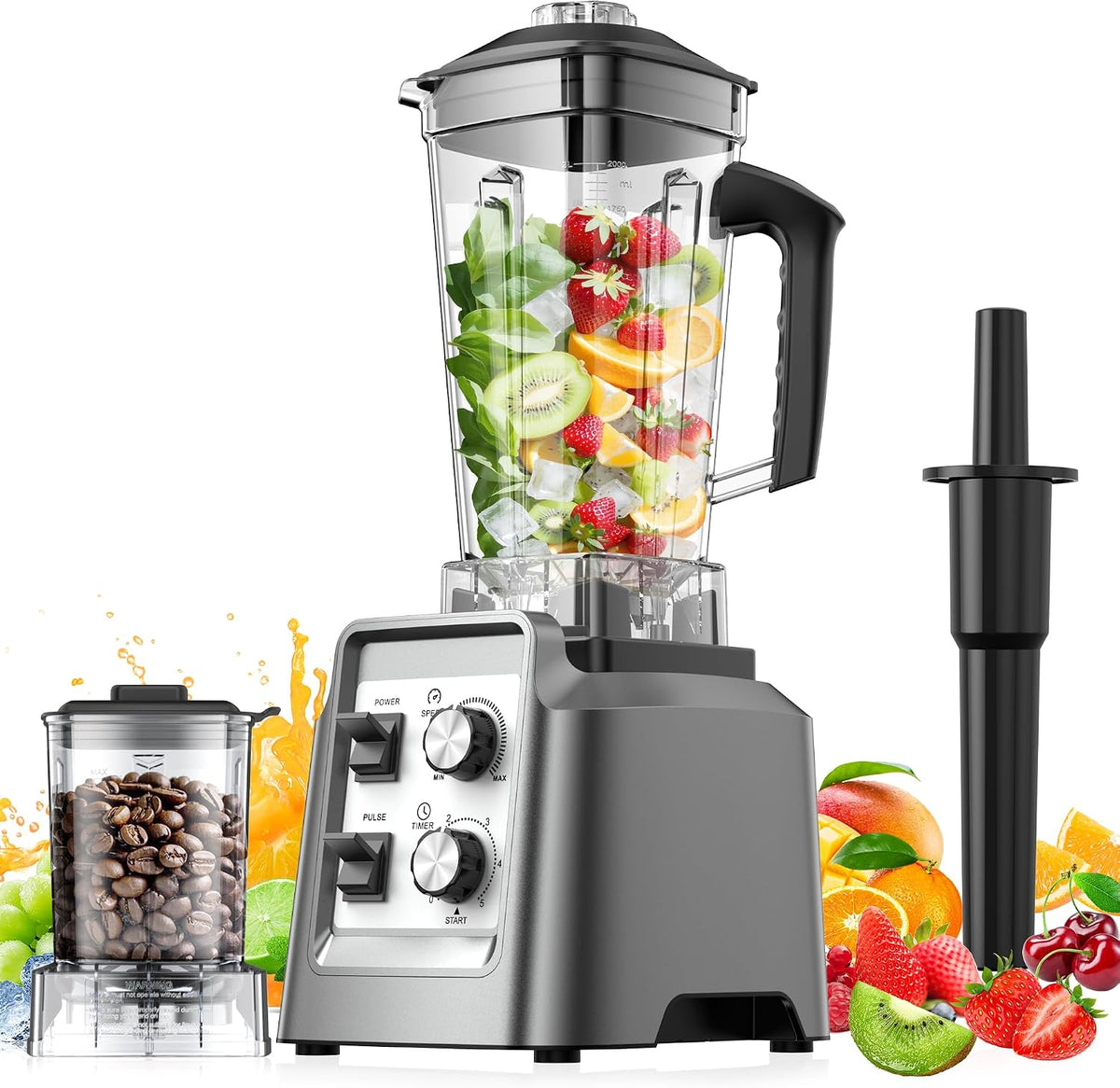 Blender Teendow, 2 l, 1800 W – Srebrny, stal nierdzewna, 2 w 1, kielichowy – młyn do kawy, młyn do ziaren kawy, 600 ml